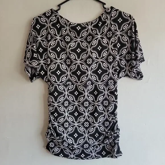 Women small Y2K Maurices blouse black white mandala pattern fitted bunched waist - Picture 2 of 5